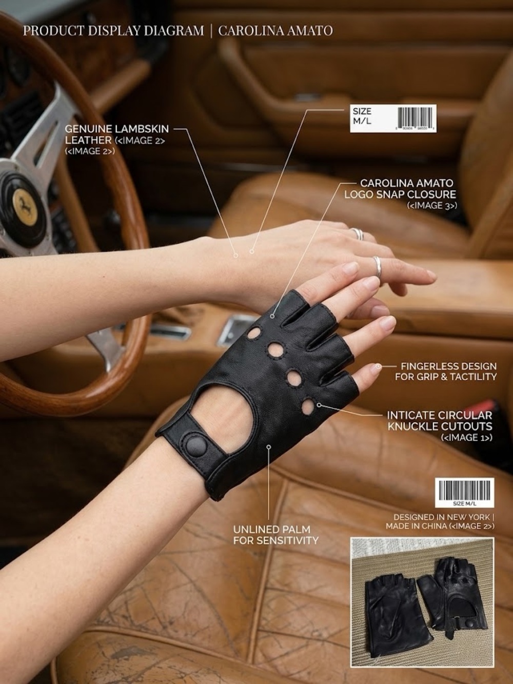 Carolina Amato Genuine Lambskin Leather Fingerless Driving Gloves Black M/L